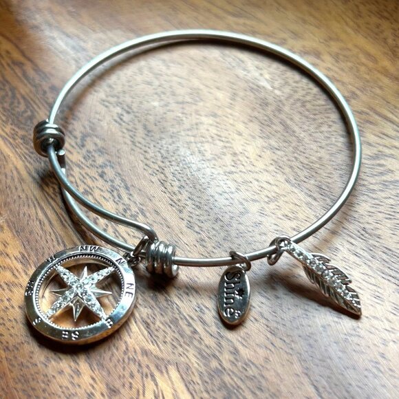Compass Charm Silver Bangle Bracelet w Shine & Feather Charms Adjustable - Picture 8 of 8